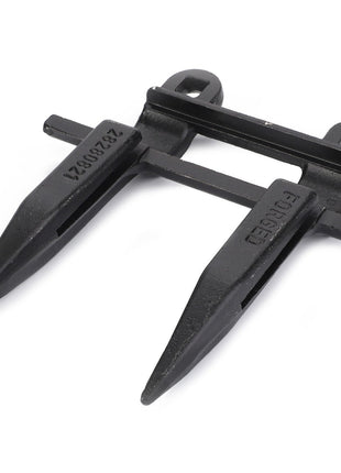 AGCO | Sickle Guard - D28280821 is a black metal dual spear-shaped farm implement attachment with mounting holes for superior cutting performance. Crafted as AGCO Parts Genuine, it ensures peak efficiency and durability.