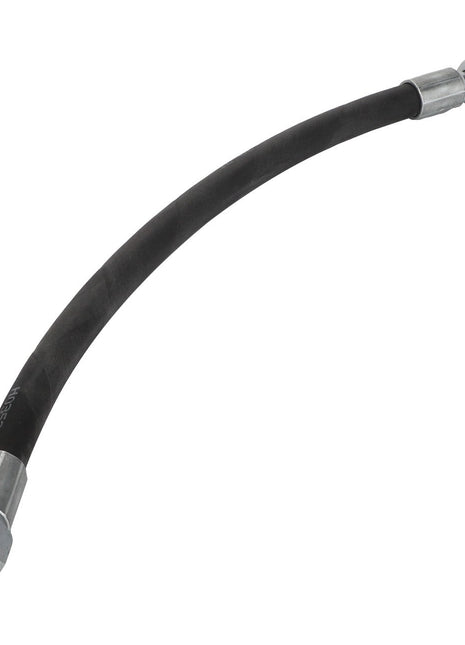 The AGCO | Hydr. Hose - Acw2216100 by AGCO is a durable black rubber hose featuring sturdy metal fittings at both ends—one straight and the other angled for versatile use.