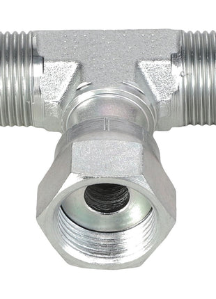 Introducing the AGCO | Swivel Tee Fitting - Acw1971600: A T-shaped metal pipe fitting with threaded ends, expertly designed to connect three pipes together. Brought to you by AGCO, this high-quality fitting ensures a secure and reliable connection.