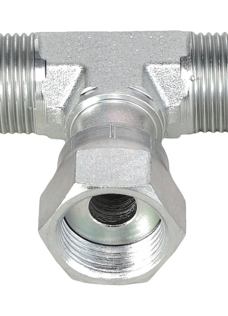 Introducing the AGCO | Swivel Tee Fitting - Acw1971600: A T-shaped metal pipe fitting with threaded ends, expertly designed to connect three pipes together. Brought to you by AGCO, this high-quality fitting ensures a secure and reliable connection.