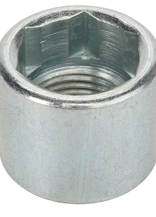 Close-up image of the AGCO | Bush - Acp0308690, featuring a metallic coupling nut with a hexagonal internal thread and a smooth exterior surface. No current product description available for this product.