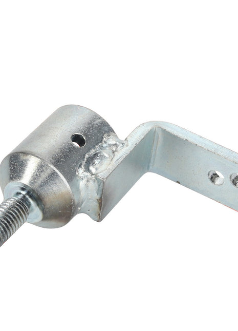 Introducing the AGCO | LEVER - D28181748, a high-quality metal bracket featuring an attached threaded bolt and two mounting holes on a right-angle flange.