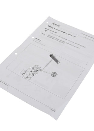 AGCO | Instruction Sheet - Act001231B page titled "Fitting a front power take-off" with diagrams and detailed text, on a pristine white background, dated May 2016.