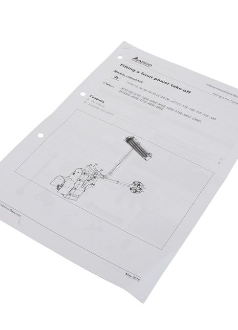 AGCO | Instruction Sheet - Act001231B page titled "Fitting a front power take-off" with diagrams and detailed text, on a pristine white background, dated May 2016.