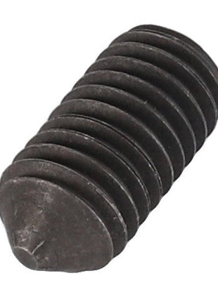 Close-up of an AGCO Grub Screw - La13798870, featuring a black, cylindrical design with a flat end and multiple threads, lying horizontally against a plain white background.