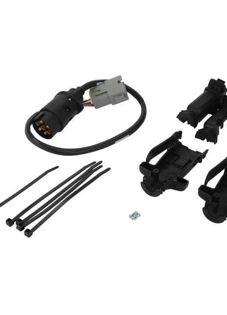 The AGCO Conversion Kit - Acp0614630, from the renowned brand AGCO, features a sleek black cable harness, zip ties for secure fastening, and various black plastic connectors and parts—all meticulously arranged on a pristine white background.