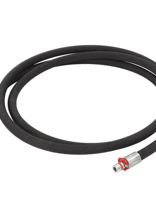 The AGCO HOSE - AL9032515, a coiled black hydraulic hose with metal fittings on each end, rests serenely on a pristine white surface.