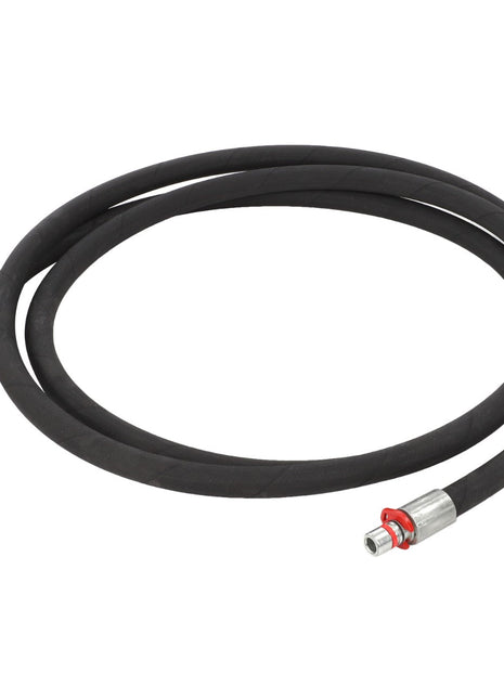 The AGCO HOSE - AL9032515, a coiled black hydraulic hose with metal fittings on each end, rests serenely on a pristine white surface.