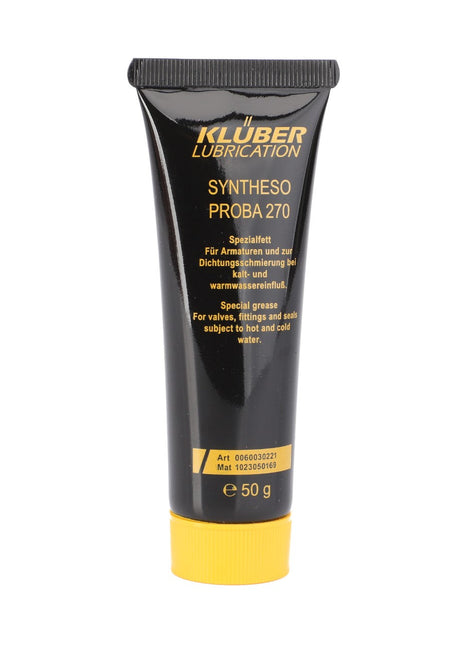 No current product description is available for this 50g tube of AGCO | Installation Aids - F119200040090 from AGCO. The tube is black with yellow accents and text, intended for valve fittings and seals, suitable for hot and cold water conditions.