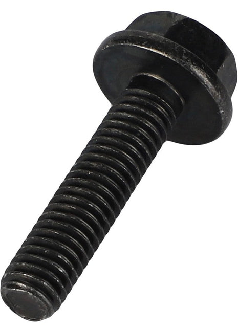 A close-up image of the AGCO Hexagon Flange Bolt - Acw0775780, featuring a black hex bolt with a threaded shaft and a flange underneath the hexagonal head. The brand name AGCO is visible on the product.