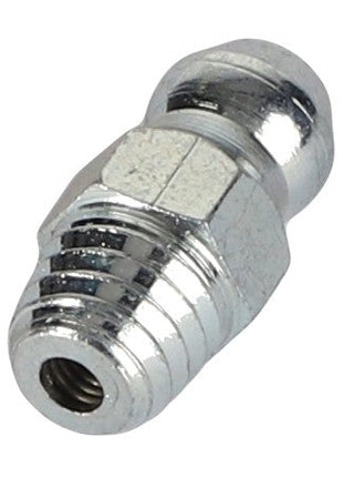 A close-up image of the AGCO Grease Fitting - F725500160150, a shiny metal zerk fitting with a threaded base and tapered nozzle, essential for maintaining the hitch and linkage on AGCO Parts Fendt Models.