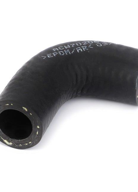 A black rubber elbow hose with text imprints on its surface. The hose, named AGCO | Hose, For Coolant - Acw7020690, has a 90-degree angle bend and hollow openings on both ends, ensuring reliable performance and maximum durability. Perfect for AGCO Cooling Hoses applications.