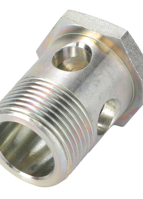 Close-up of the AGCO SCREW - AL1120397 threaded metal component with multiple holes, featuring a hexagonal base. No information is available at this time regarding its specific usage or application.