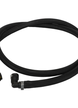 The AGCO Hose - Acw0225430 is a coiled black flexible hose featuring connectors on both ends, including one L-shaped connector and one straight connector. The product description details are currently unavailable.