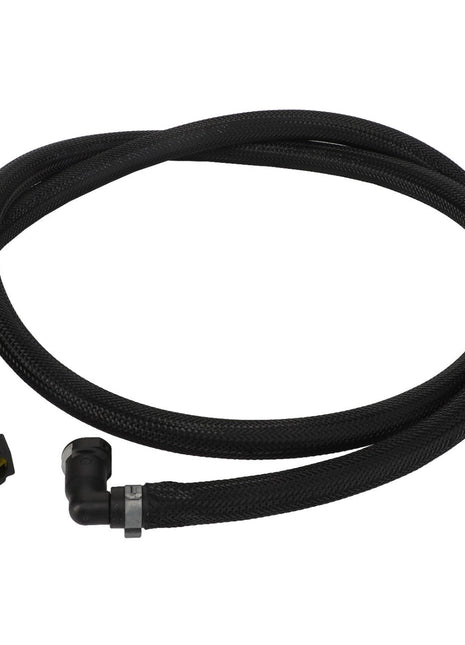 The AGCO Hose - Acw0225430 is a coiled black flexible hose featuring connectors on both ends, including one L-shaped connector and one straight connector. The product description details are currently unavailable.