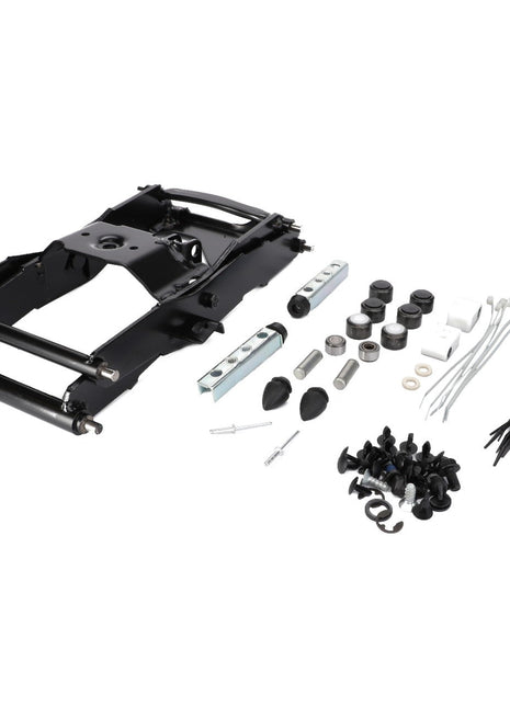 A black metal mounting bracket, identified as the AGCO Swing, Seat Spring Assembly (F716501030770), is surrounded by a collection of screws, bolts, washers, cables, and other installation accessories laid out on a white background. No current product description information is available.