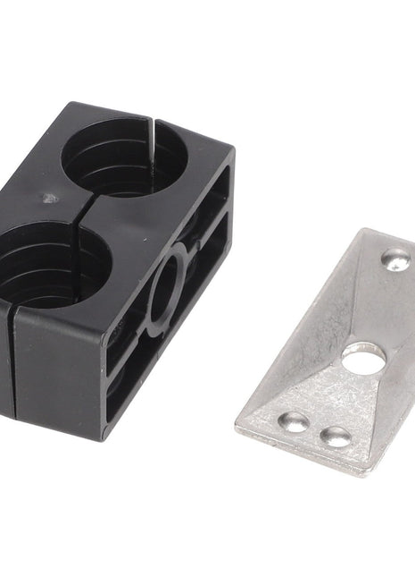 The AGCO CLAMP - AG425732, a black plastic cable clamp featuring two circular slots, is positioned beside a metal mounting plate that has one central hole and three smaller holes. Further product description information is unavailable.