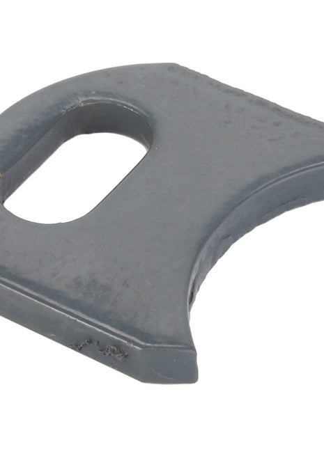 The AGCO | BRACKET - D28260380 is a small, gray, metallic tool featuring a rectangular hole and a curved edge, potentially used as part of a locking or securing mechanism. No current product description information is available for this item.