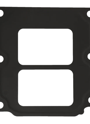 The AGCO Gasket - F530200090450 is a black, rectangular gasket featuring two rectangular cutouts and six circular holes, designed for use as a seal in mechanical applications. No current product description available.
