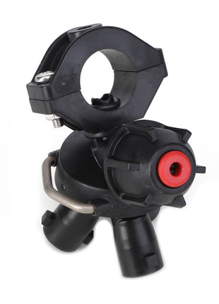 A black and red industrial spray nozzle featuring a clamping mechanism, an EPDM seal, and multiple connection points, isolated on a white background. The AGCO | Pentair Hypro Triple Nozzle Body - AG429920 offers reliable performance for various applications.