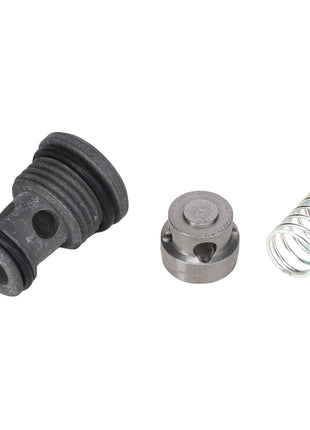 A close-up of three mechanical components: a black cylindrical part with grooves on the left, a small metal part in the center, and a silver spring on the right. No current product description information is available for these items from the AGCO brand's VALVE KIT - AL4500021.