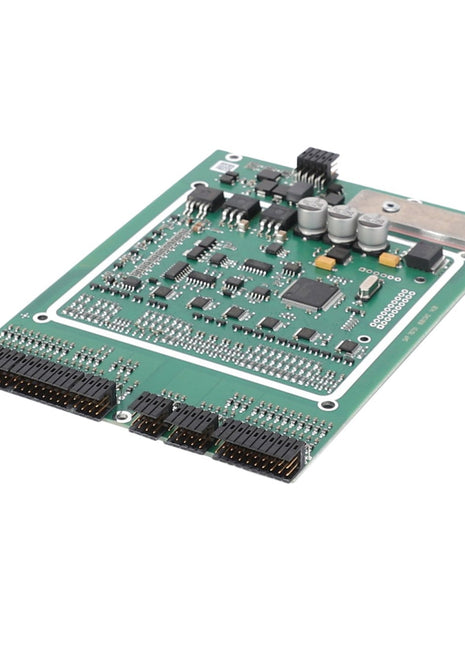 A green AGCO CIRCUIT BOARD - F835970160050 featuring multiple electronic components, connectors, and chips is displayed against a white background.