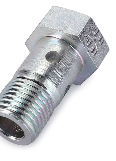 The AGCO | Banjo Bolt - 3791315M1 is a silver metal bolt featuring a hexagonal head, threaded body, and a hole through the midsection, designed specifically for Fendt fitment.