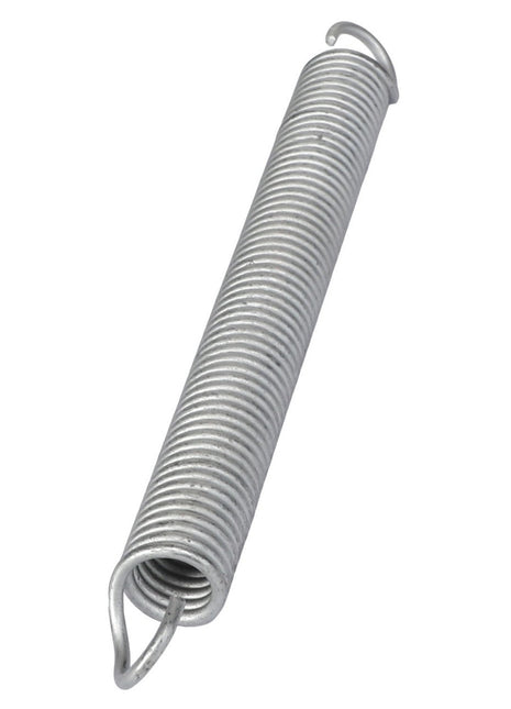 Close-up of the AGCO SPRING - AG517097, a coiled metal extension spring with hooks on both ends, isolated on a white background.