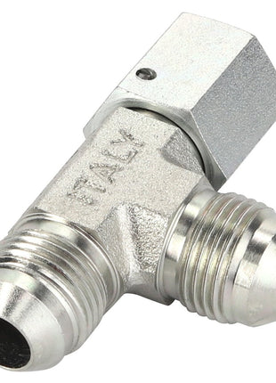 A metal T-shaped connector with two male threaded ends and one female threaded end, elegantly engraved with the word "ITALY" on the body, part of AGCO's product lineup as the Hitch - La292387.