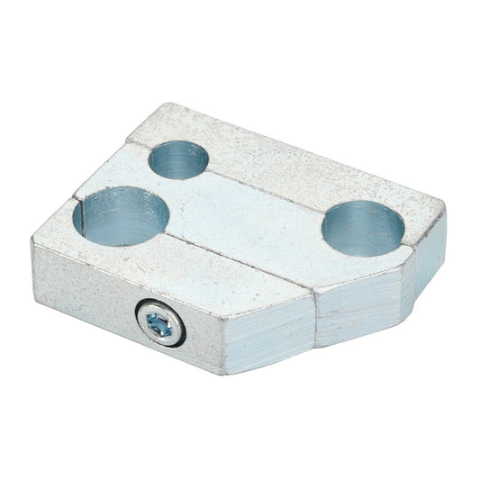 The AGCO Clamp - Acp0330840 is a sleek, metallic, rectangular gray clamp featuring two circular holes and a prominent screw on one side.