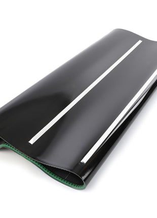 A black conveyor belt with two parallel white lines running along its length, featuring a flexible and durable design with a green backing on the underside, ideal for high-speed harvesting. Trust the quality of AGCO's Draper Band, Power Flow Header - D28250931 for your agricultural needs.