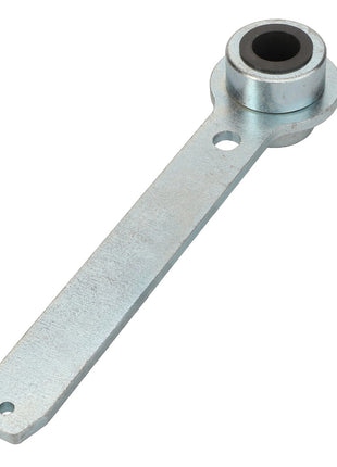 The AGCO | Lever - Acp0666300 by AGCO is a metal lever featuring a cylindrical bushing on one end and a flat, elongated handle with two holes on the other end. No current product description available.