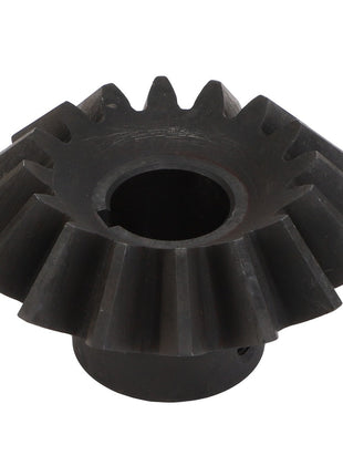 The AGCO | Bevel Gear - ACY1501440, a black metal bevel gear with angled teeth, is an AGCO Parts Genuine product used in machinery to change the direction of rotational force and enhance gear durability.