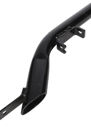 The AGCO Seed Tube - Acp0001320 is a sleek black curved metal tube featuring mounting brackets and rectangular openings on one end.