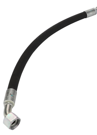 The AGCO | Hydraulic Hose - Acw1842500 by AGCO is a flexible black hydraulic hose with silver connectors on both ends, featuring one straight and one angled configuration.