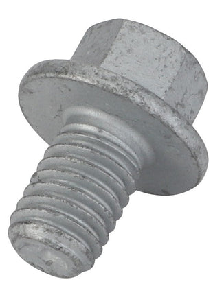 A close-up image of the AGCO | HEXAGONAL HEAD BOLT - F842900040280, featuring a hex head, threaded shaft, and flanged edge. The metallic bolt has a silver finish. Additional product description information is not available at this time.