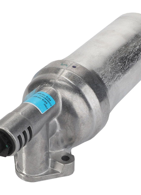 The AGCO Filter - G916100600061 is a cylindrical metallic automotive component featuring an attached black electrical connector and a blue label with small text, commonly found in Fendt Vario systems.