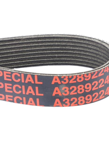 A close-up of a black ribbed automotive or industrial belt from AGCO, featuring red text with "SPECIAL A3289224." This AGCO | Serpentine Belt, Pk8 Profile - A3289224 is ideal for engine applications demanding optimal performance.