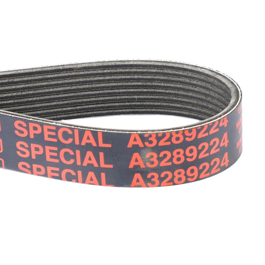 A close-up of a black ribbed automotive or industrial belt from AGCO, featuring red text with "SPECIAL A3289224." This AGCO | Serpentine Belt, Pk8 Profile - A3289224 is ideal for engine applications demanding optimal performance.