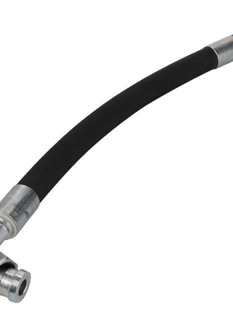 The AGCO | Hydraulic Hose - Acw1827400, under the AGCO brand, includes metal connectors on both ends and features a black flexible rubber section in the middle.