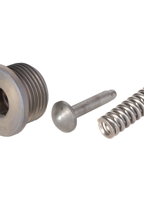 Three metal components—a hex socket plug, a screw, and a coil spring—are arranged side by side on a white background. Currently, no product description is available for the AGCO Pressure-Relief Valve - F530200220040.