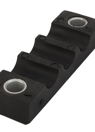 A black, rectangular plastic bracket with two large circular metal inserts and three curved grooves in the center; product information: AGCO Bridle - 4391947M1 by AGCO.