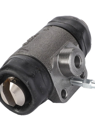 Here's a close-up of the AGCO CYLINDER - D46100560, featuring metallic construction with black rubber end caps and a threaded connector. This hydraulic cylinder is part of the AGCO brand's offerings.