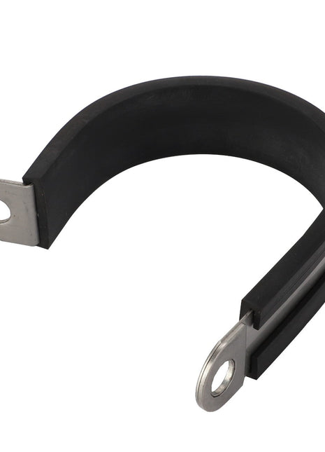 The AGCO Clamp - Acp0378100 is a durable black cushion clamp with two metal eyelets on each end, meticulously designed for securely fastening cables or hoses.