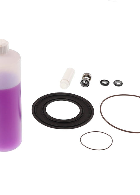 AGCO | Seal Kit - Acp0301730, branded under AGCO, includes a bottle of purple liquid, various O-rings, a gasket, a white cylinder, and metallic parts arranged on a plain background. No current product description available.
