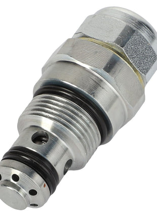 Close-up of the AGCO | NON RETURN VALVE - AL521804, a robust metallic hydraulic valve equipped with multiple threads and seals, crucial for precision in fluid control systems.
