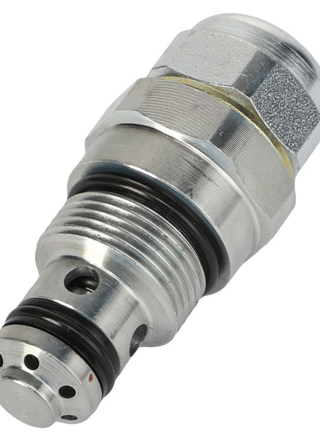 Close-up of the AGCO | NON RETURN VALVE - AL521804, a robust metallic hydraulic valve equipped with multiple threads and seals, crucial for precision in fluid control systems.