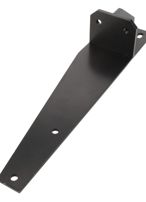 Introducing the AGCO | BRACKET - D28186058, a black metal bracket designed with three holes for easy mounting and two raised segments at the top. Proudly brought to you by AGCO.