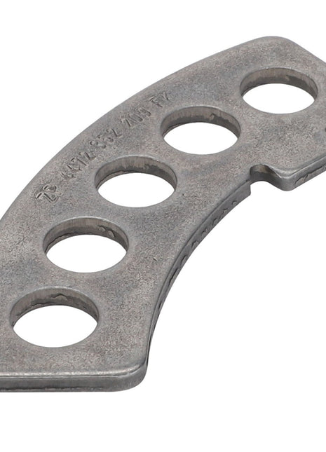 No current product description is available, but the AGCO Lock Plate - F380303020582 from the brand AGCO is a curved metallic tool that features four circular holes and a notch on one end.