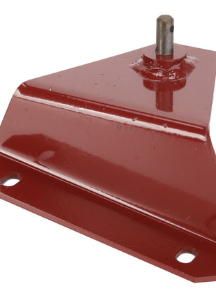 The AGCO | BRACKET - D28185560 is a red, metal bracket with a triangular shape and a vertical pin attached at the top. It features two mounting holes at the base. No current product description information is available.